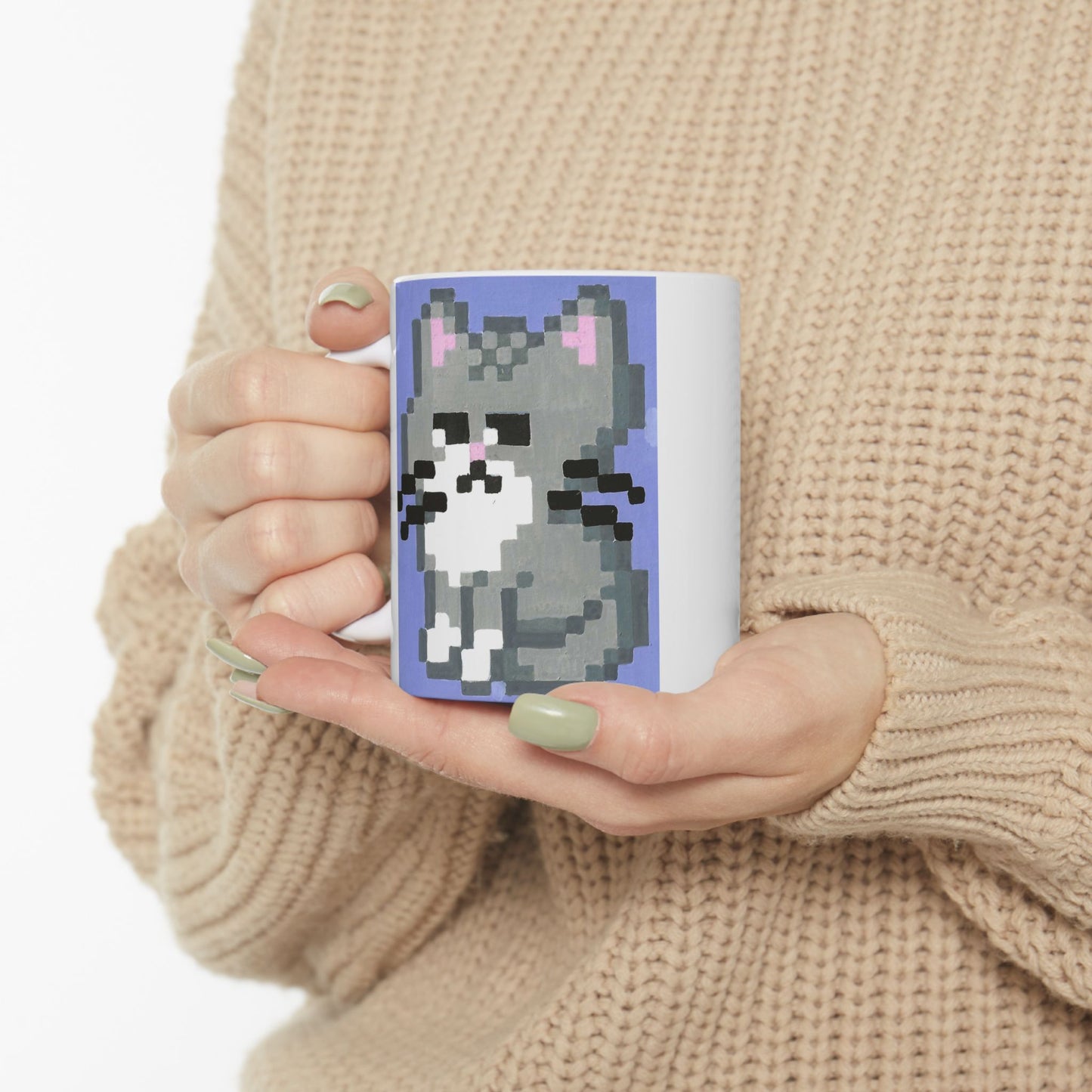 Grumpy Pixel Cat Coffee Mug — Cute Retro 8-Bit Kitten Ceramic Mug (11oz & 15oz)