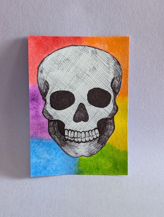 'Memento Mori' Original Skull ACEO | Hand-Drawn Anatomical Skull on Rainbow Background | OOAK