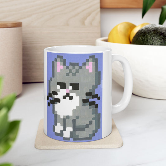 Grumpy Pixel Cat Coffee Mug — Cute Retro 8-Bit Kitten Ceramic Mug (11oz & 15oz)