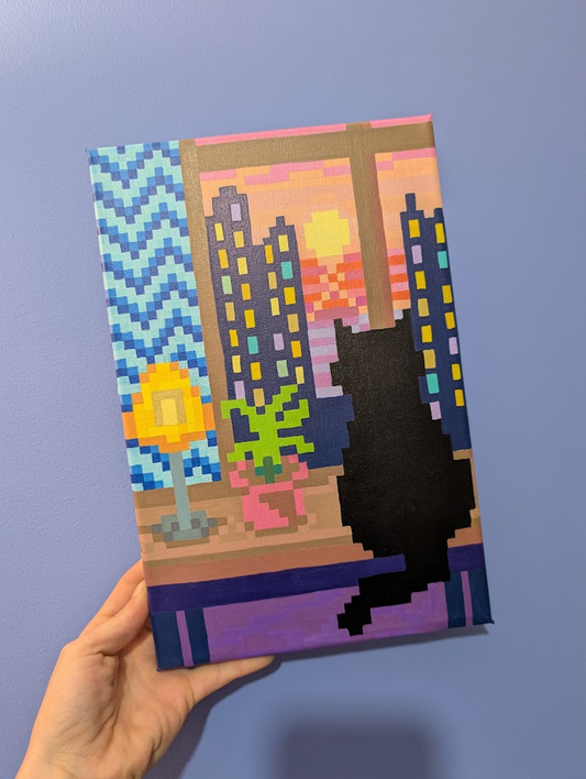 'Window Seat' Original Pixel Cat Canvas | Handmade Retro-Inspired Sunset Painting | OOAK
