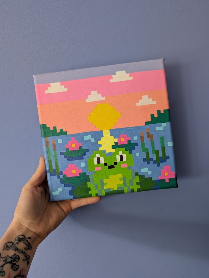 'Pixel Pond' Original Pixel Frog Canvas | Handmade Retro Gaming Inspired Artwork | OOAK