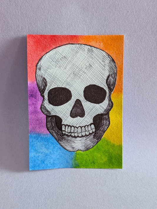 'Memento Mori' Original Skull ACEO | Hand-Drawn Anatomical Skull on Rainbow Background | OOAK