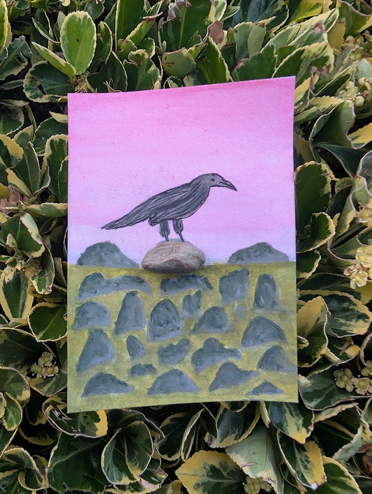 Original Mixed Media Crow Painting | Real Pebble Bird Artwork | OOAK Original Nature Art