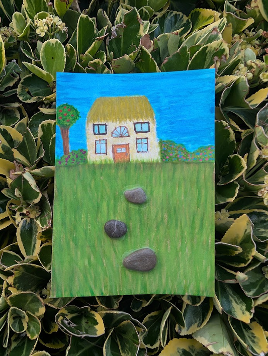 Original Mixed Media Cottage Painting | Real Pebble Stepping Stones | OOAK Original Landscape Art
