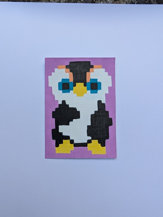 Original Pixel Penguin Painting | Cute 8-Bit Penguin Artwork | Hand Painted Retro Gaming Art | OOAK