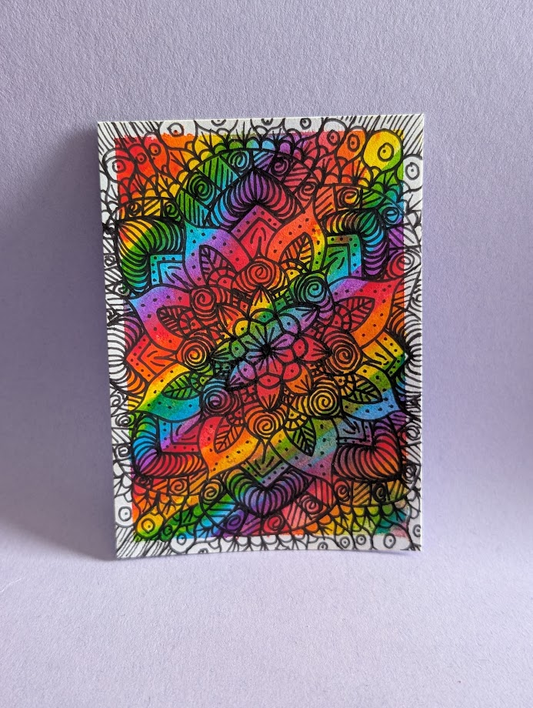 'Rainbow Bloom' Original Mandala ACEO | Colourful Hand-Drawn Abstract Artwork | OOAK